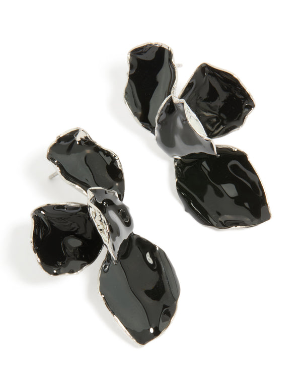 Featuring dainty mini petal drop earrings with floral design in black coated metal and silver finish front view