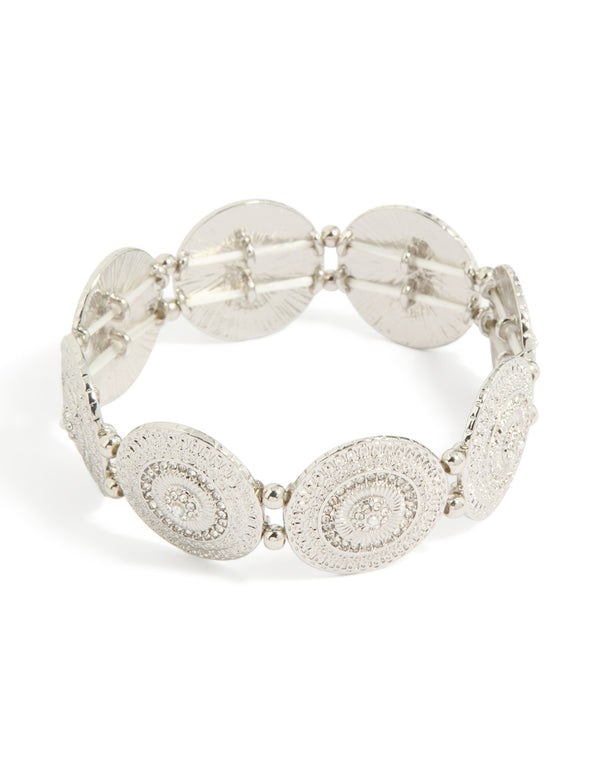 Discover this silver diamante detailed discs stretch bracelet front view