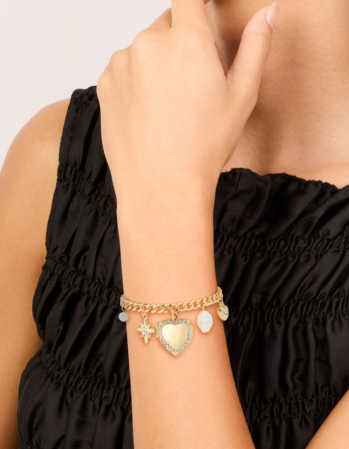 Gold Pearl & Hearts Charm Bracelet