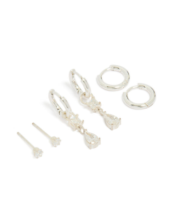 Presenting a stainless steel cubic zirconia mixed drop hoop earrings 3-pack featuring crystal waterproof material with stud closure in silver and clear front view