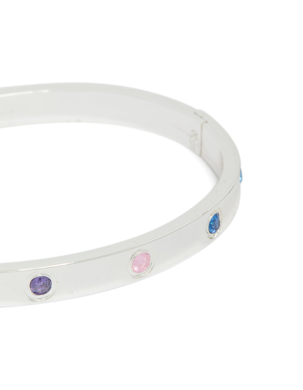This waterproof stainless steel bangle features floral cubic zirconia inlay in silver, blue, pink, and purple close up view