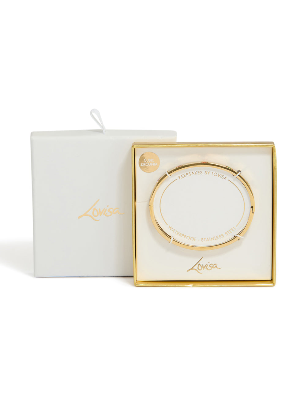 Presenting a waterproof gold plated stainless steel bangle with floral inlay cubic zirconia closure detail view