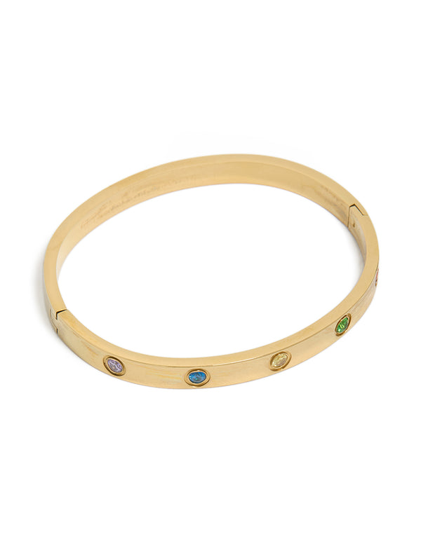 Waterproof Gold Plated Stainless Steel Cubic Zirconia Flower Inlay Bangle