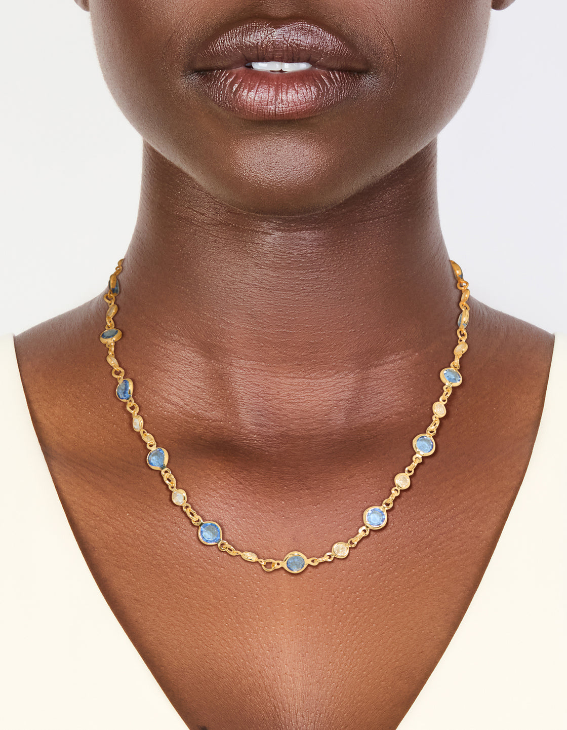 Gold Plated Blue Round Crystal Station Necklace