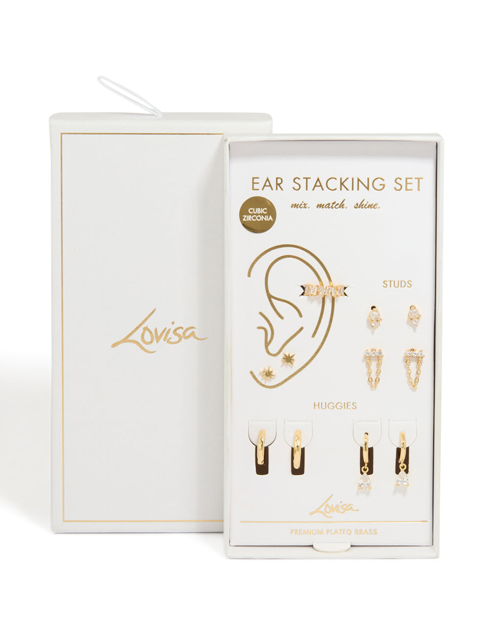 Discover gold plated cubic zirconia star chain drop earrings gift set featuring celestial designs, shown in packaging close up view