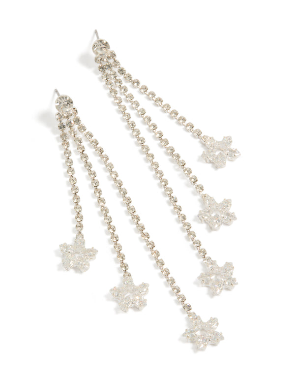 Beautifully crafted diamante triple tassel flower drop earrings featuring charm accents in a statement style front view