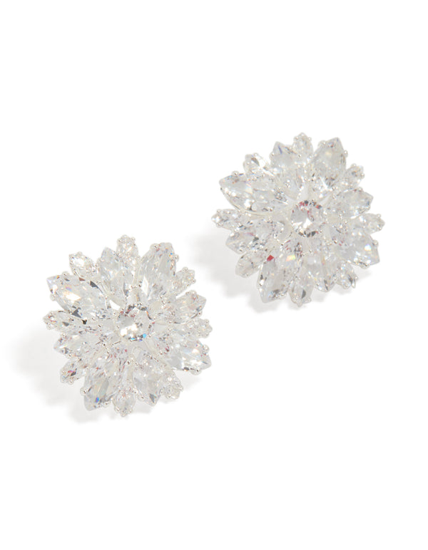 Silver Plated Cubic Zirconia Flower Cluster Stud Earrings