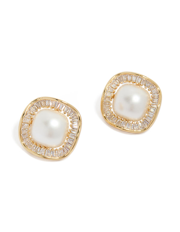 Showcasing gold plated cubic zirconia and pearl stud earrings front view