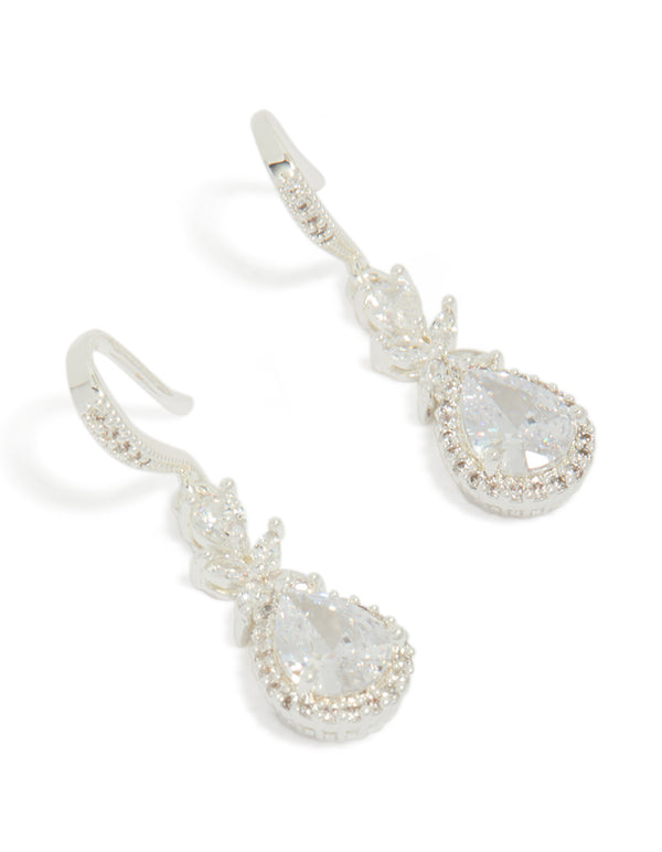 Silver Plated Cubic Zirconia Vine Fish Hook Drop Earrings