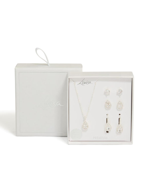 Silver Plated Cubic Zirconia Stud Earrings & Necklace Set
