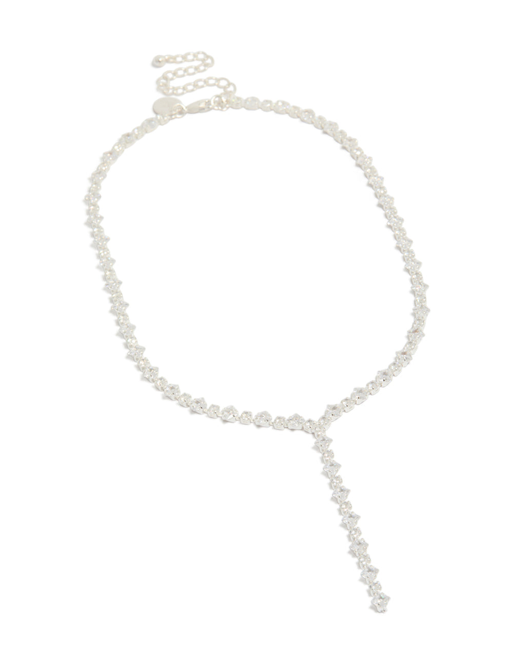 Crafted from silver plated cubic zirconia, this square tennis Y-necklace front view