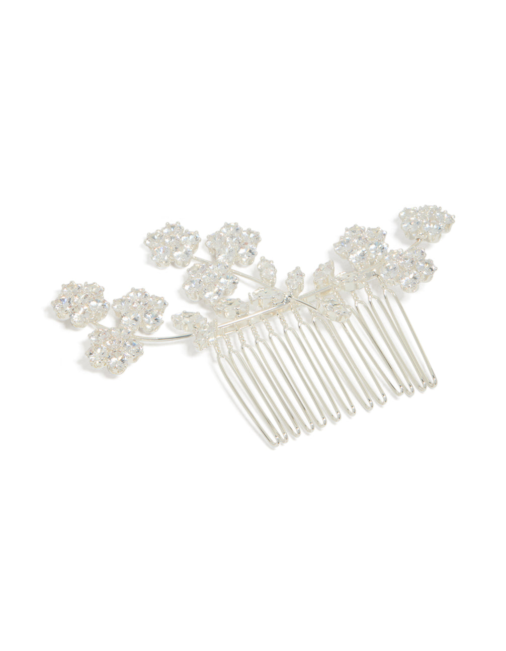 Featuring a floral cubic zirconia cluster vine comb in silver front view