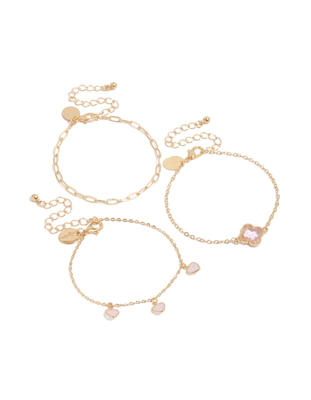 Showcasing gold pink diamante flower and heart chain bracelets in a 3-pack with charm details and enamel material front view