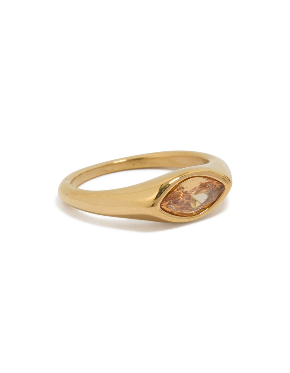 Showcasing a gold plated stainless steel signet ring with cubic zirconia crystal in waterproof construction front view