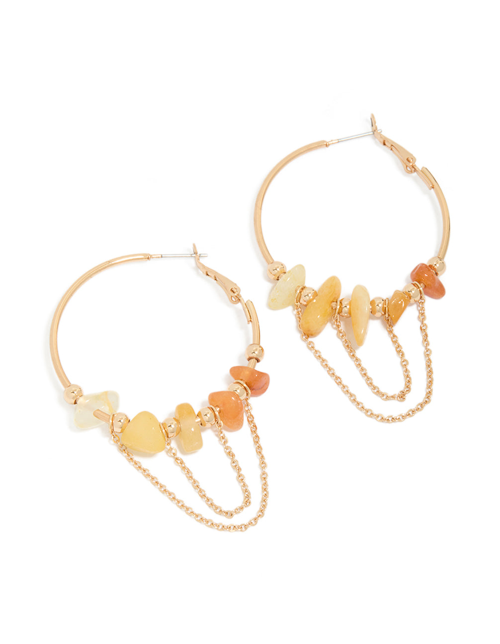 Showcasing orange chip and gold chain hoop earrings featuring beads front view