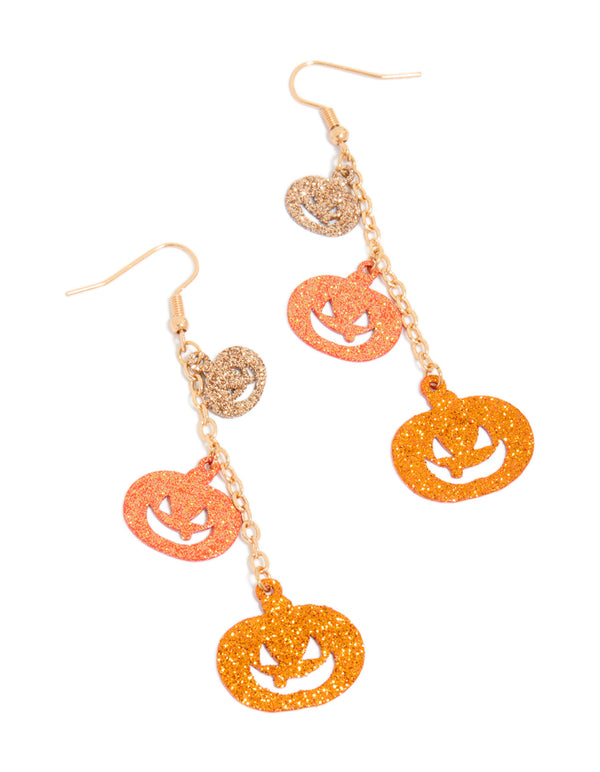 Orange & Brown Acrylic Glitter Pumpkin Drop Earrings