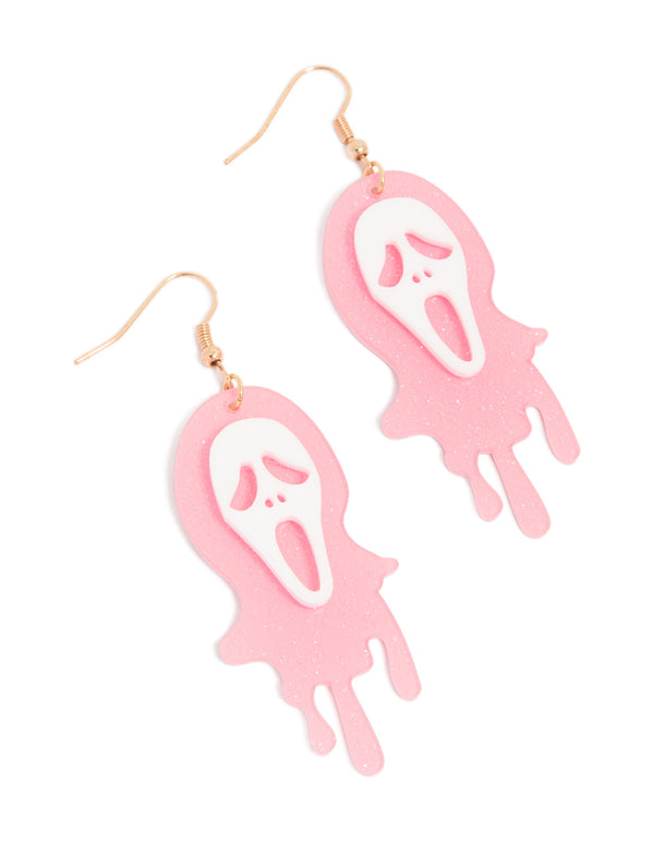 Pink Acrylic Melting Ghost Face Drop Earrings