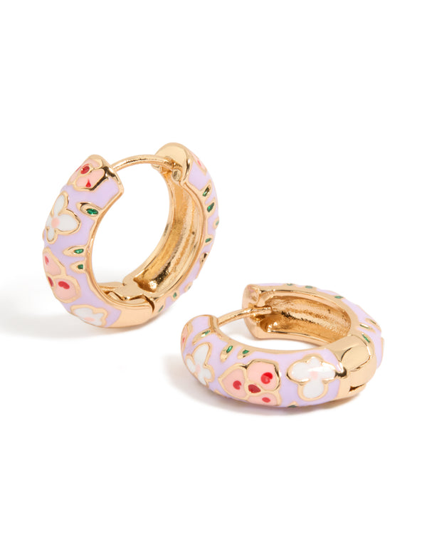 Showcasing chunky huggie earrings featuring floral enamel in gold with lilac and pink accents front view