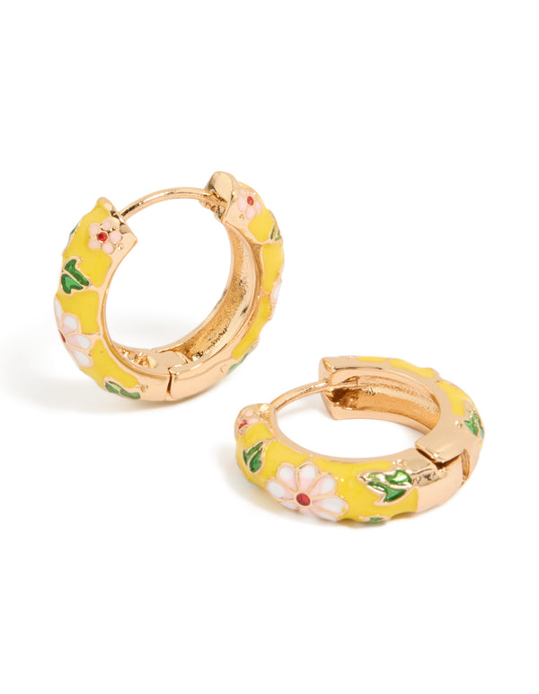 Explore chunky huggie earrings featuring floral and leaf patterns crafted from enamel in yellow pink green gold front view