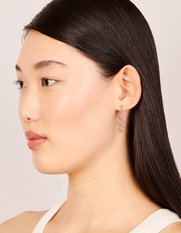 Gold Pink Cubic Zirconia Flower Trio Drop Earrings
