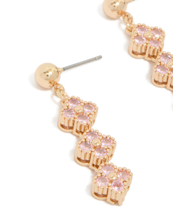 Gold Pink Cubic Zirconia Flower Trio Drop Earrings
