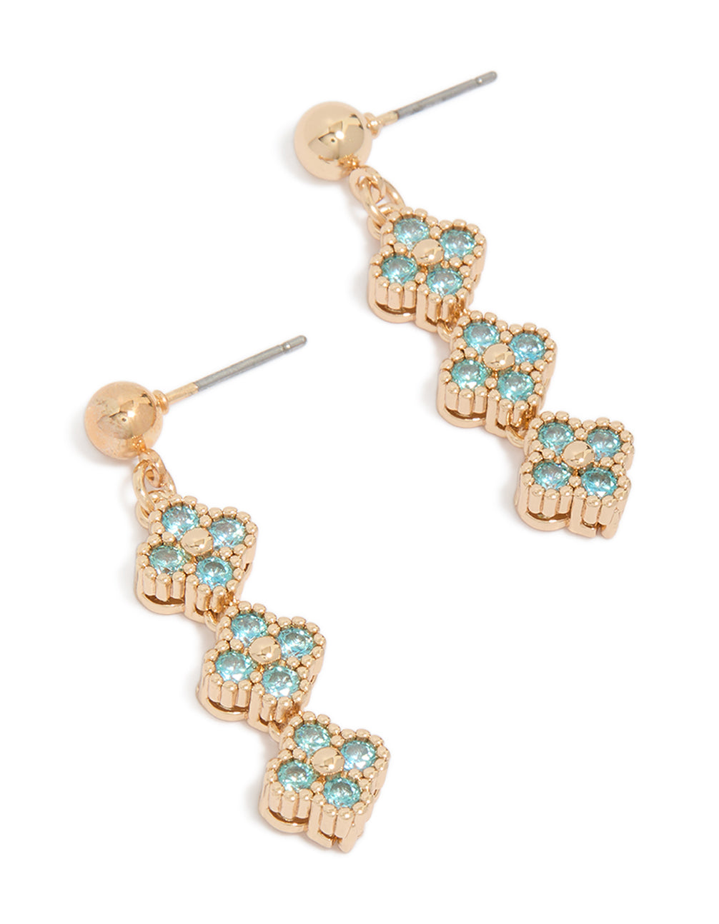 Showcasing these gold cubic zirconia blue flower drop earrings with turquoise stones front view