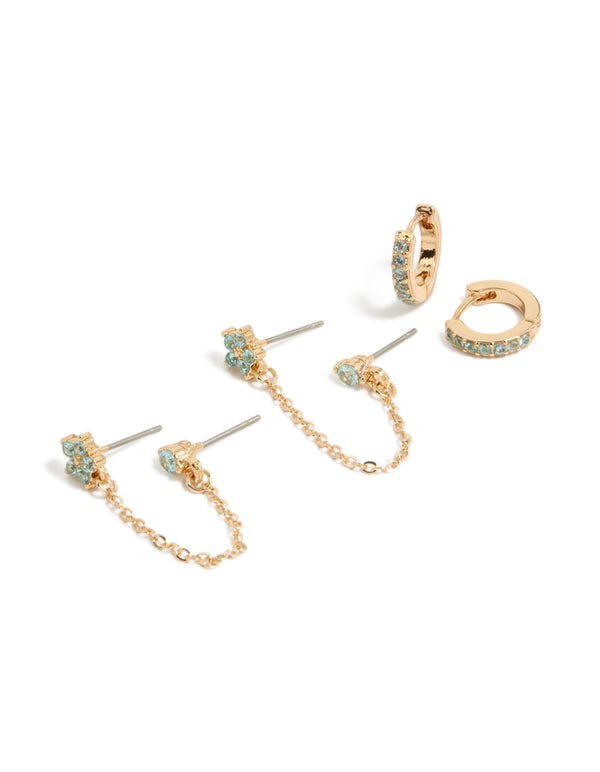 Gold Light Blue Cubic Zirconia Chain Flower & Huggie Earrings Pack