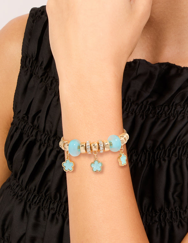 Gold Blue Beaded & Flower Trio Charm Toggle Bracelet