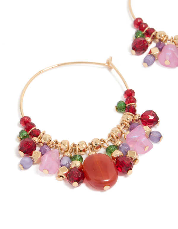 Gold Thin Red Pink & Green Beaded Hoop Earrings