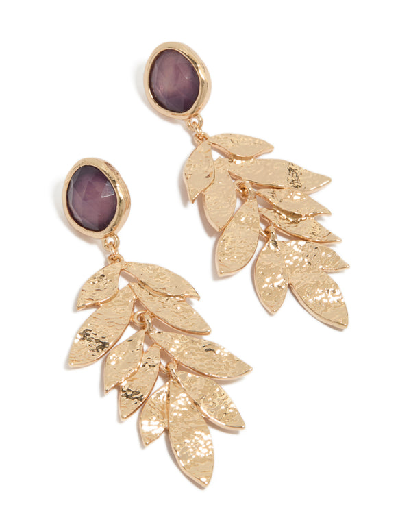 Featuring statement drop earrings with floral textured layered petals, beads in purple crafted from gold front view
