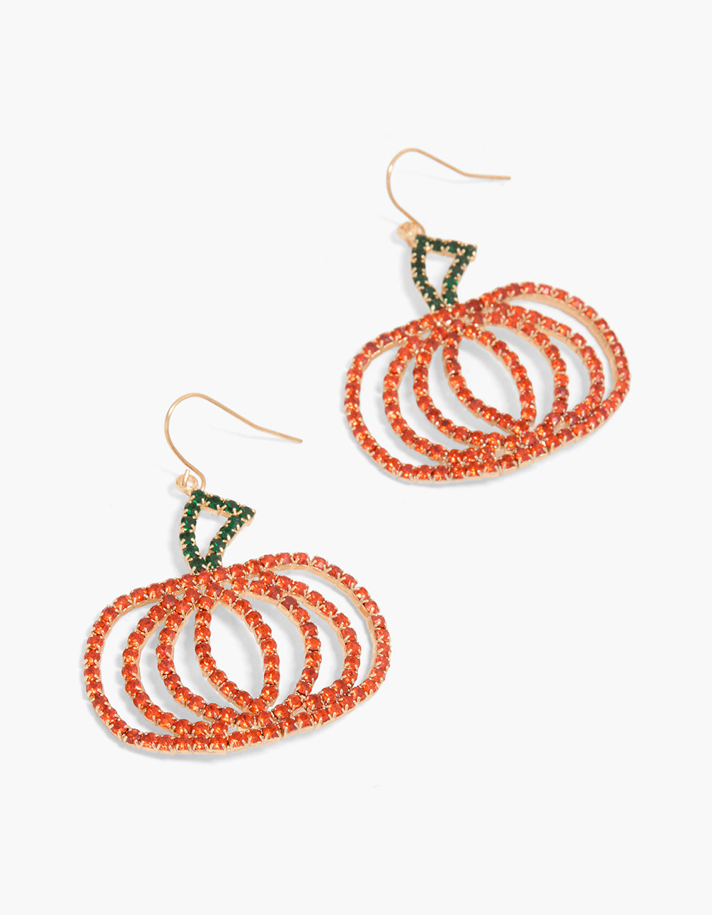 Discover chunky gold glam pumpkin drop earrings featuring food design in orange, and dark green front view