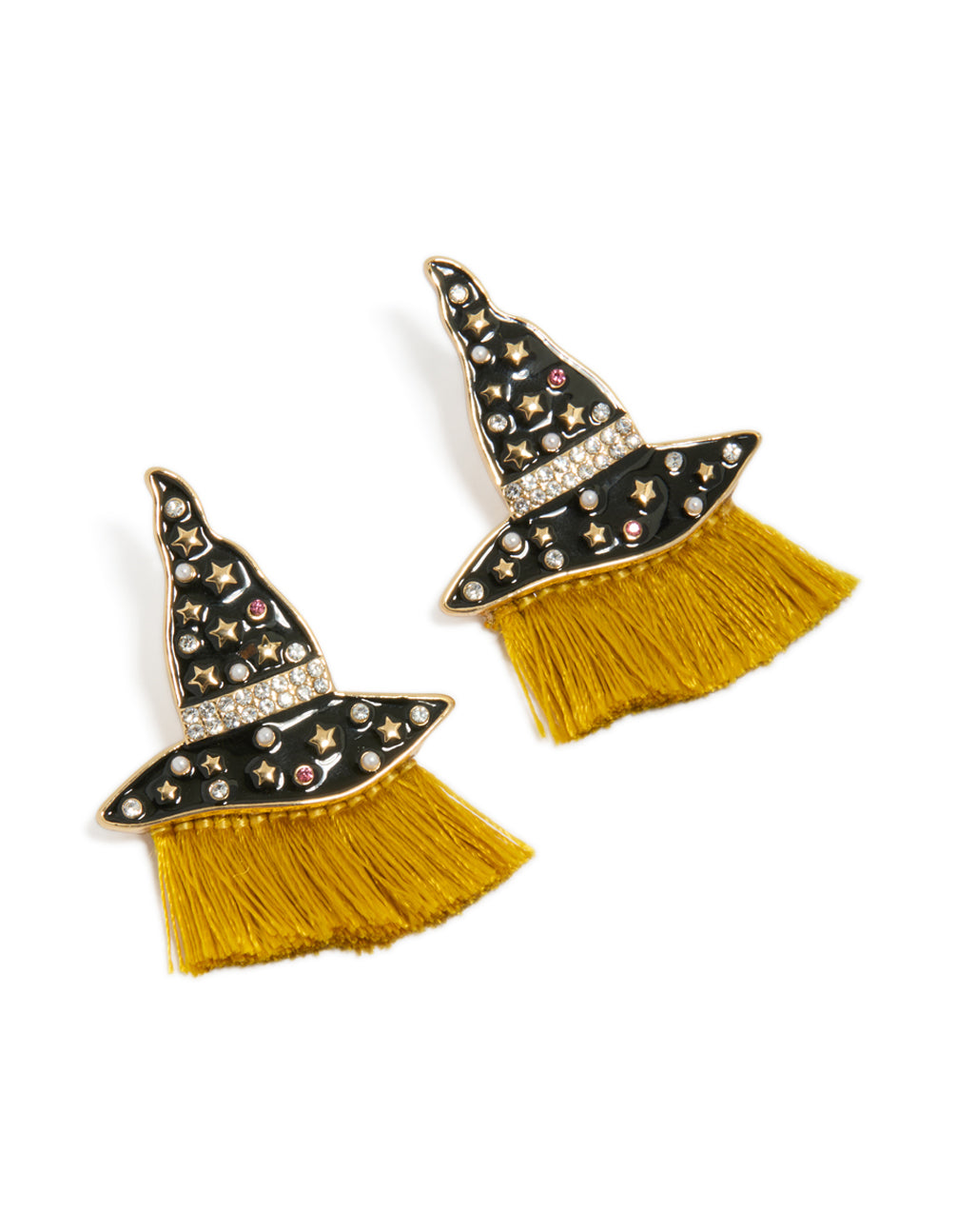 Beautifully crafted gold witch hat drop earrings featuring celestial star and tassel details front view