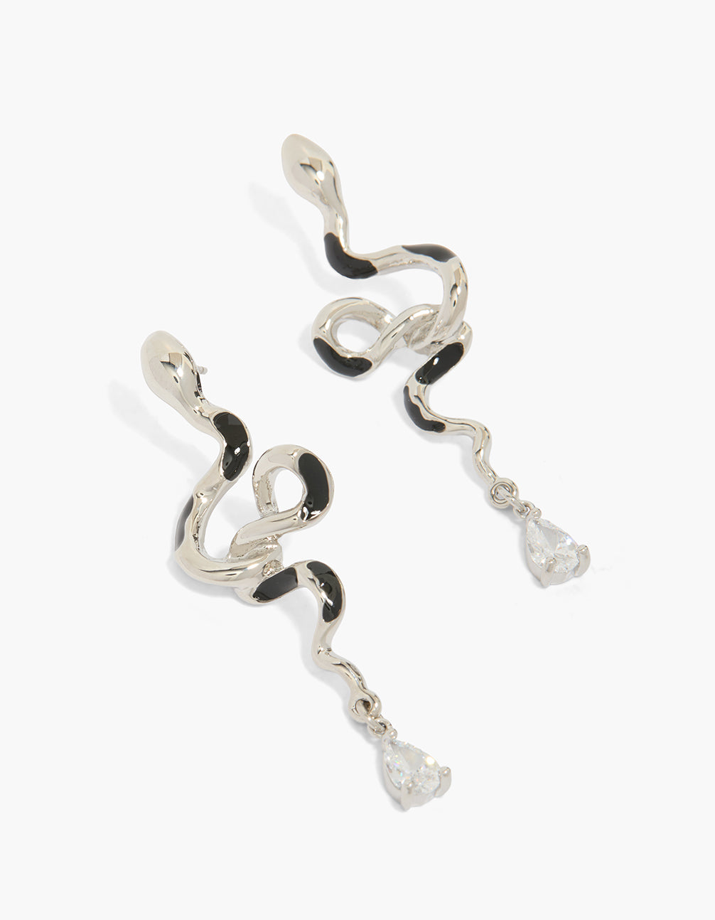 Crafted with statement snake charm drop earrings in shiny silver front view