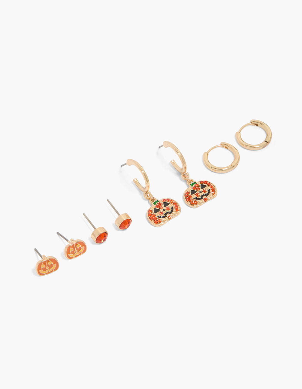 Showcasing a 4-pack of gold pumpkin earrings featuring food-inspired designs with enamel detailing in stud and hoop closures front view