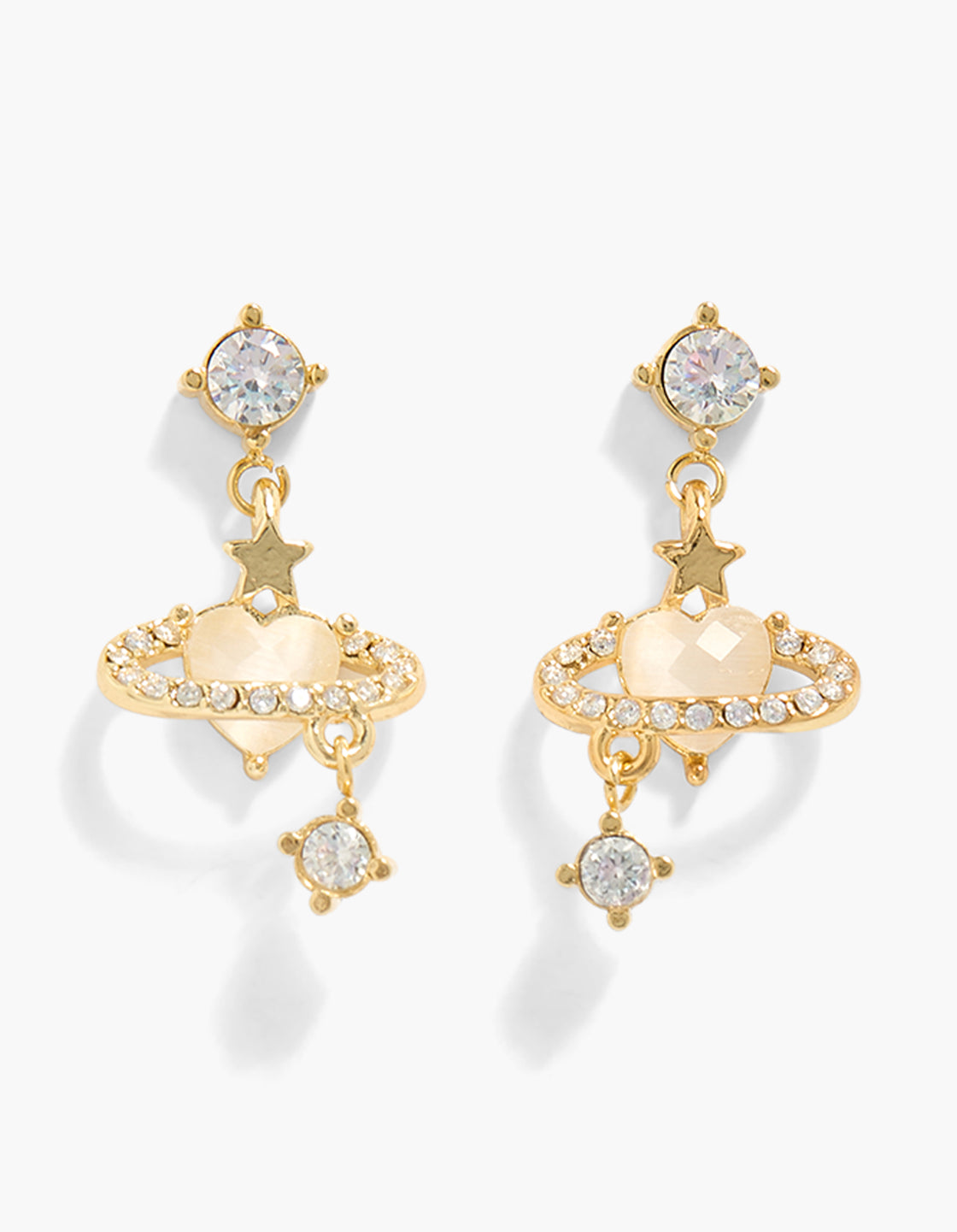Showcasing waterproof drop earrings featuring celestial charm design with star details, crafted from stainless steel in gold plated finish, adorned with cubic zirconia crystals front view