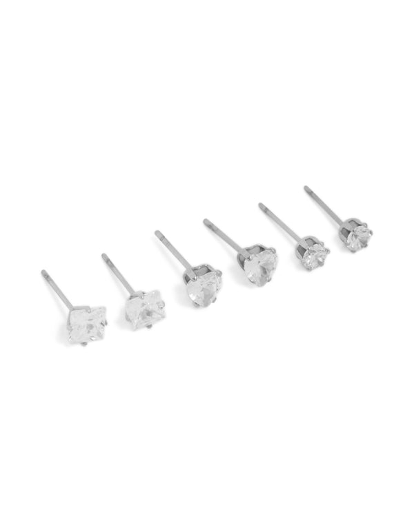 Discover waterproof stainless steel mixed stud earrings in a 3-pack featuring round cut cubic zirconia stones with silver and clear tones front view