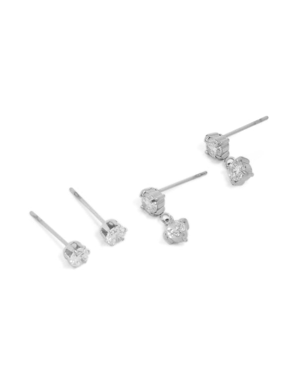 Discover waterproof stainless steel cubic zirconia round stud and drop earrings in a 2-pack featuring statement crystal design with silver and clear tones front view