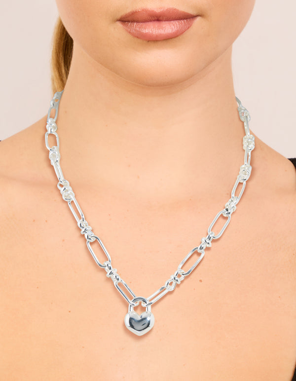Featuring a waterproof stainless steel bubble heart chunky necklace in silver on neck view