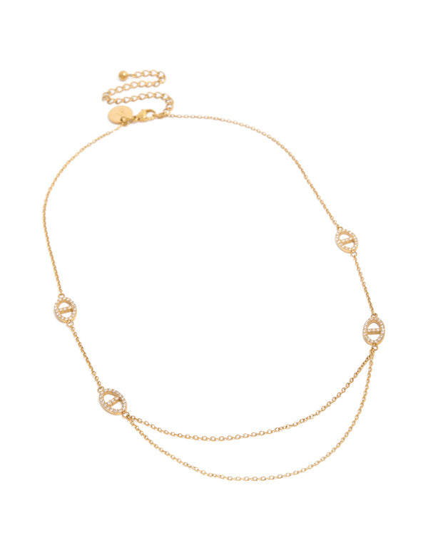 Discover this waterproof gold plated stainless steel cubic zirconia oval double chain necklace front view