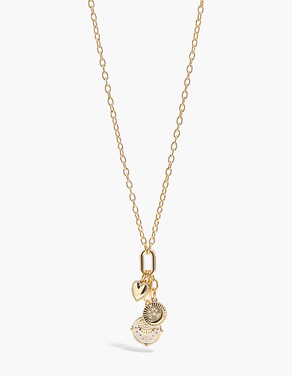 Showcasing a waterproof celestial charm necklace with heart and moon pendants crafted from gold plated stainless steel featuring cubic zirconia close up view