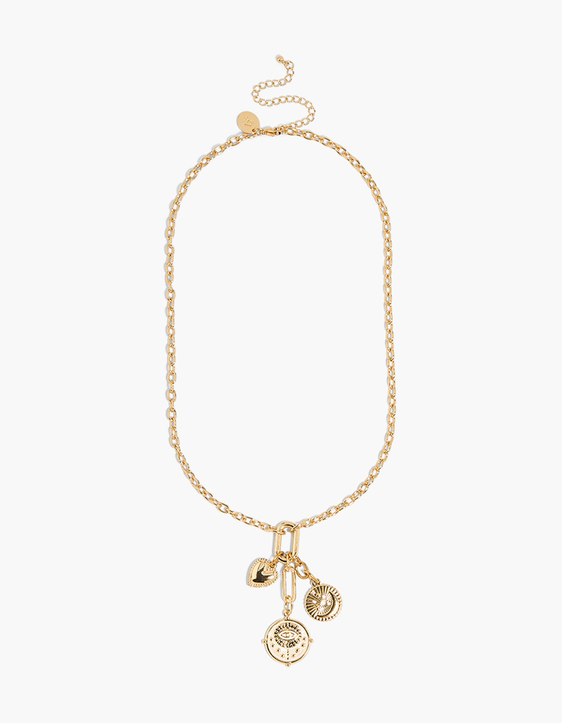 Featuring a waterproof celestial charm necklace with heart and moon pendants crafted from gold plated stainless steel featuring cubic zirconia front view