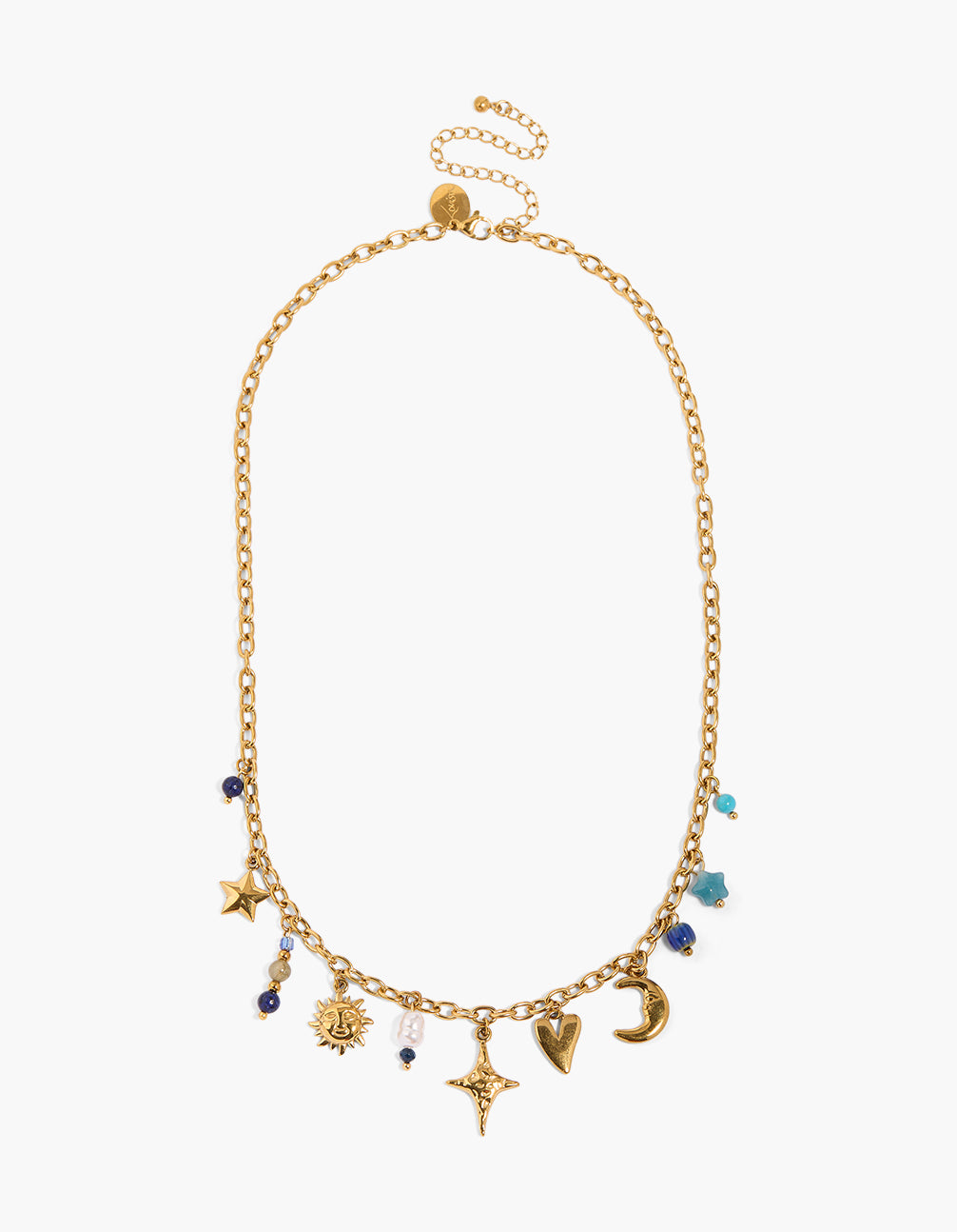 Features a waterproof celestial beaded charm necklace crafted from stainless steel with moon, star, sun, pearl, heart accents in turquoise, dark blue, white tones front view