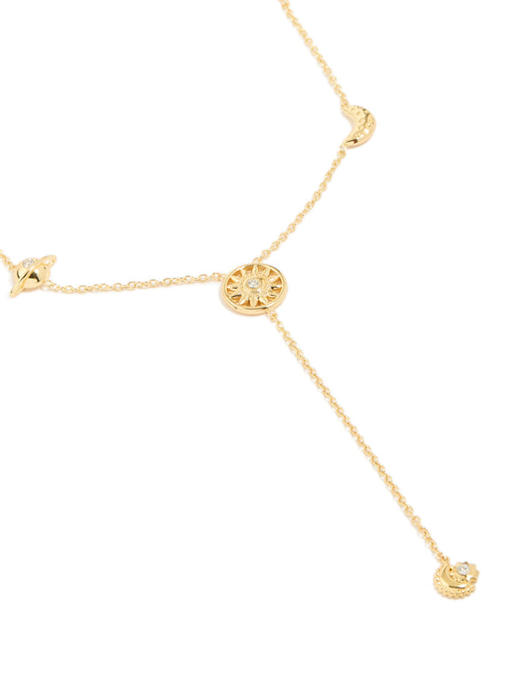Showcasing a waterproof celestial pendant Y-necklace crafted from stainless steel with featuring stars and moons in gold plated finish close up view
