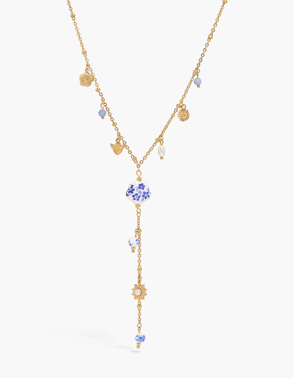 Showcasing a waterproof gold plated stainless steel pearl painted flower y-necklace with beads, floral pattern, sun and heart charm, cubic zirconia in dainty statement style front view