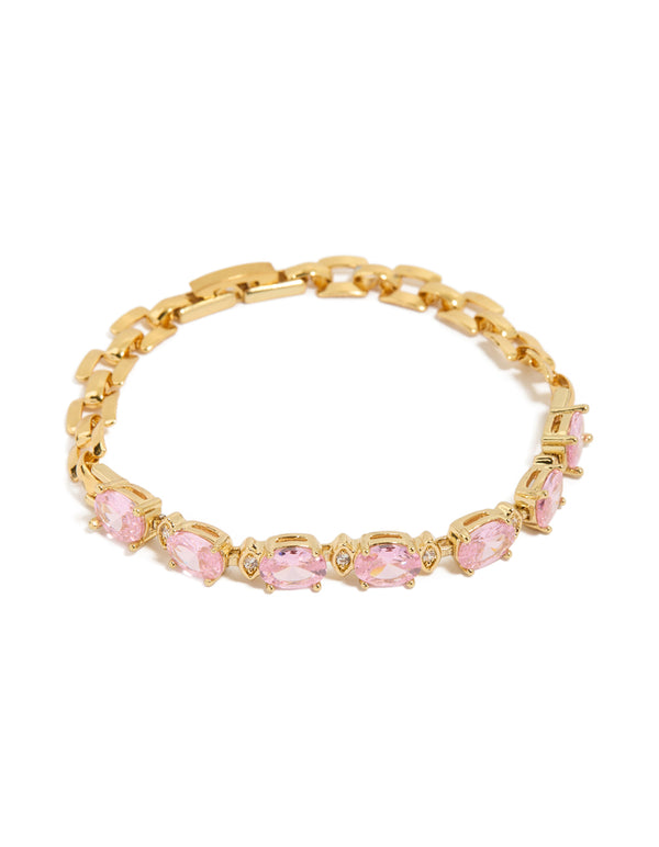 Showcasing a waterproof gold plated stainless steel bracelet with pink cubic zirconia oval stones and link design front view