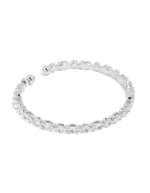 Elegant waterproof stainless steel wrist cuff bracelet featuring marquise and round cubic zirconia in silver and clear tones front view