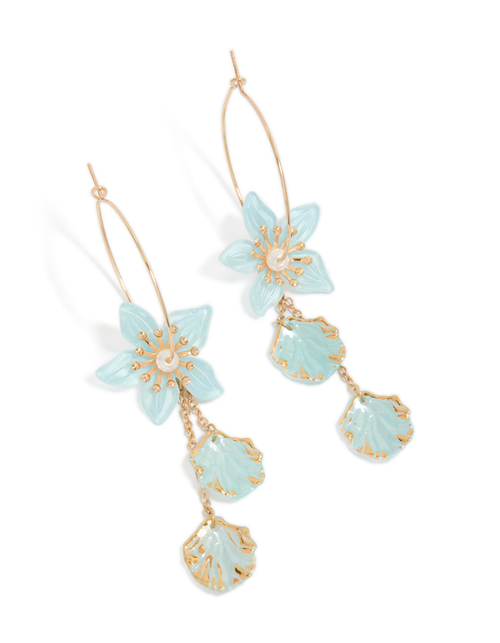 Showcasing gold aqua blue flower petal drop hoop earrings featuring charm and floral details front view