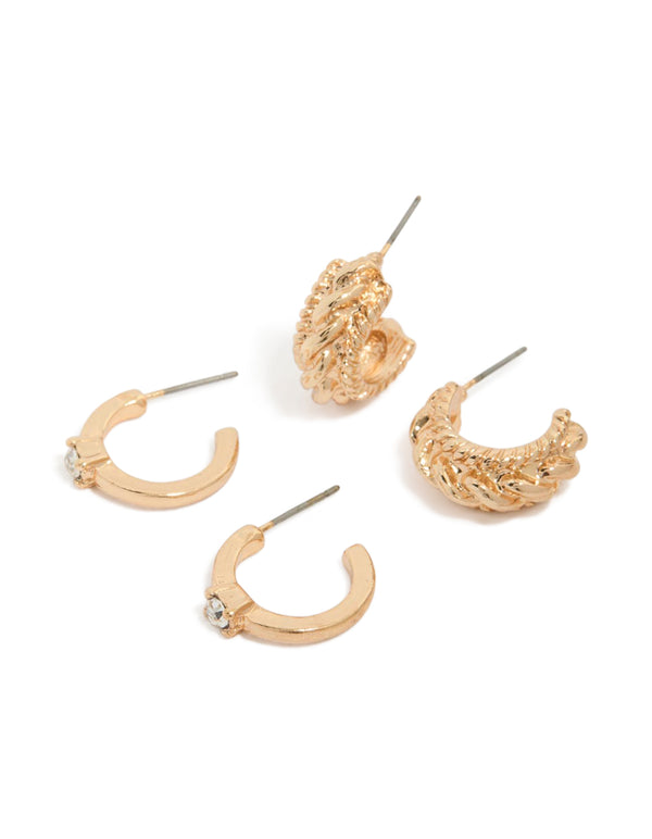 Gold Cable & Diamante Huggie Earrings 2-Pack