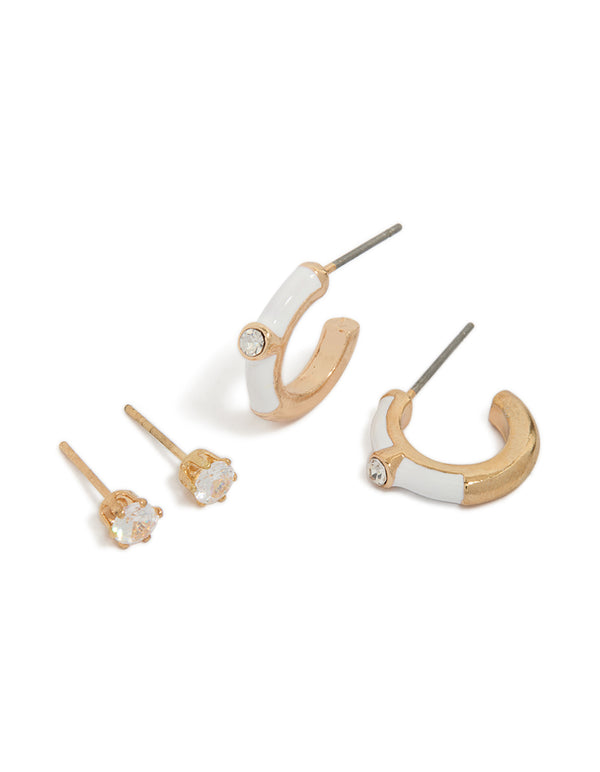 Gold White Hoop & Diamante Stud Earrings Set