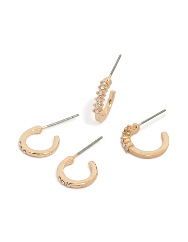 Gold Simple Diamante Huggie Earrings 2-Pack